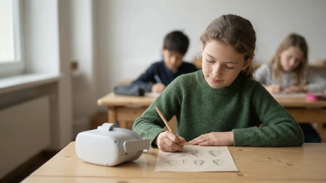 Ein Mädchen schreibt im Klassenzimmer an einem Arbeitsblatt, neben ihr liegt eine VR-Brille auf dem Tisch.